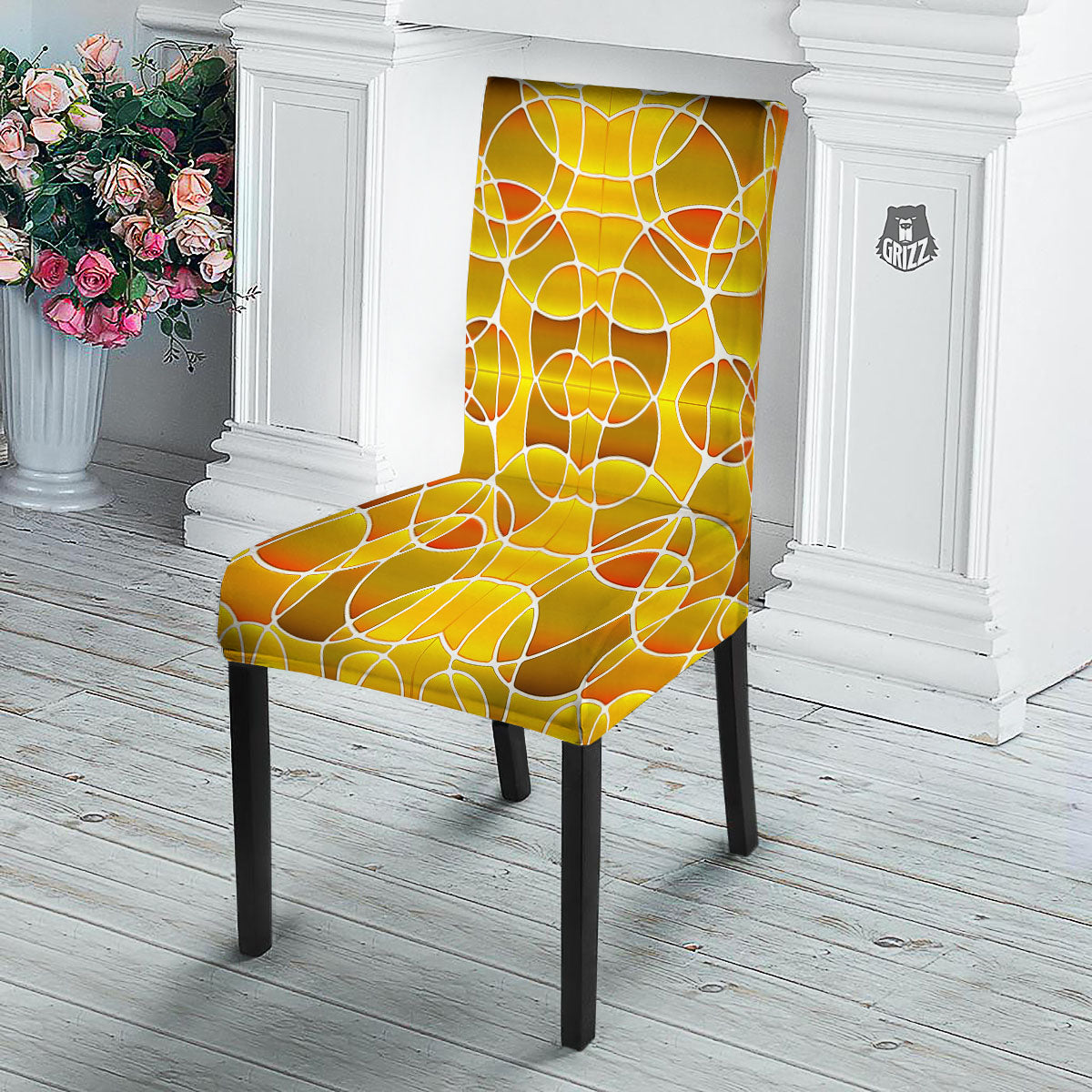 Stained Glass Mosaic Yellow Print Pattern Dining Chair Slipcover-grizzshop