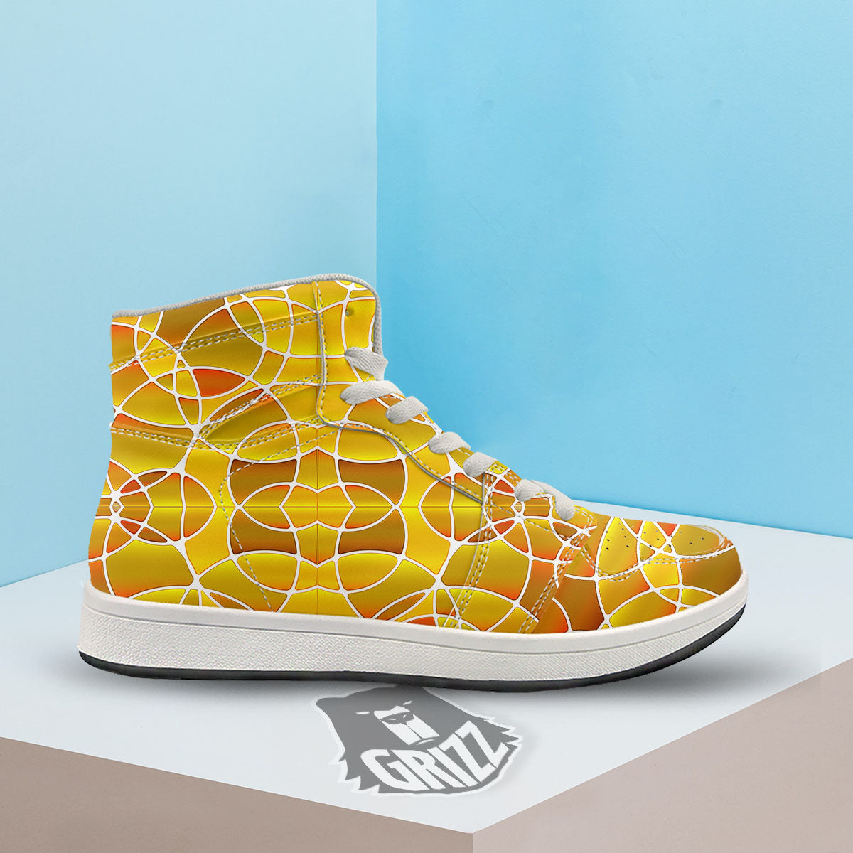 Stained Glass Mosaic Yellow Print Pattern High Top Sneakers-grizzshop