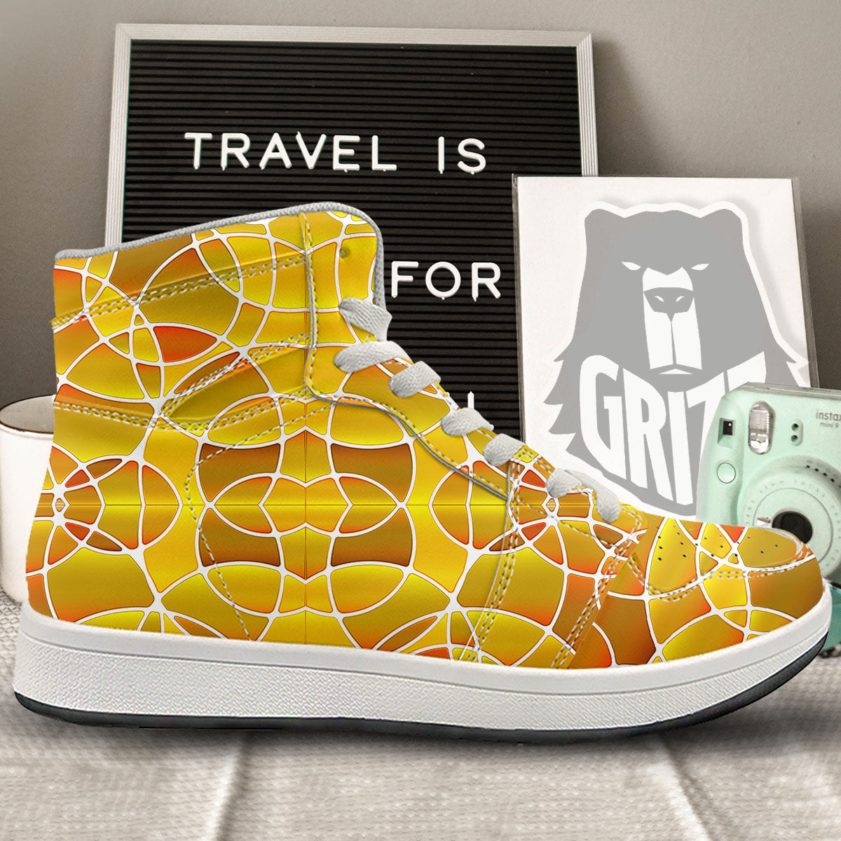 Stained Glass Mosaic Yellow Print Pattern High Top Sneakers-grizzshop