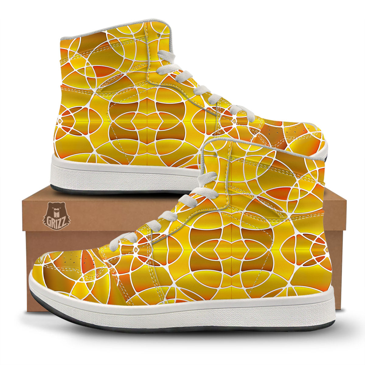 Stained Glass Mosaic Yellow Print Pattern High Top Sneakers-grizzshop