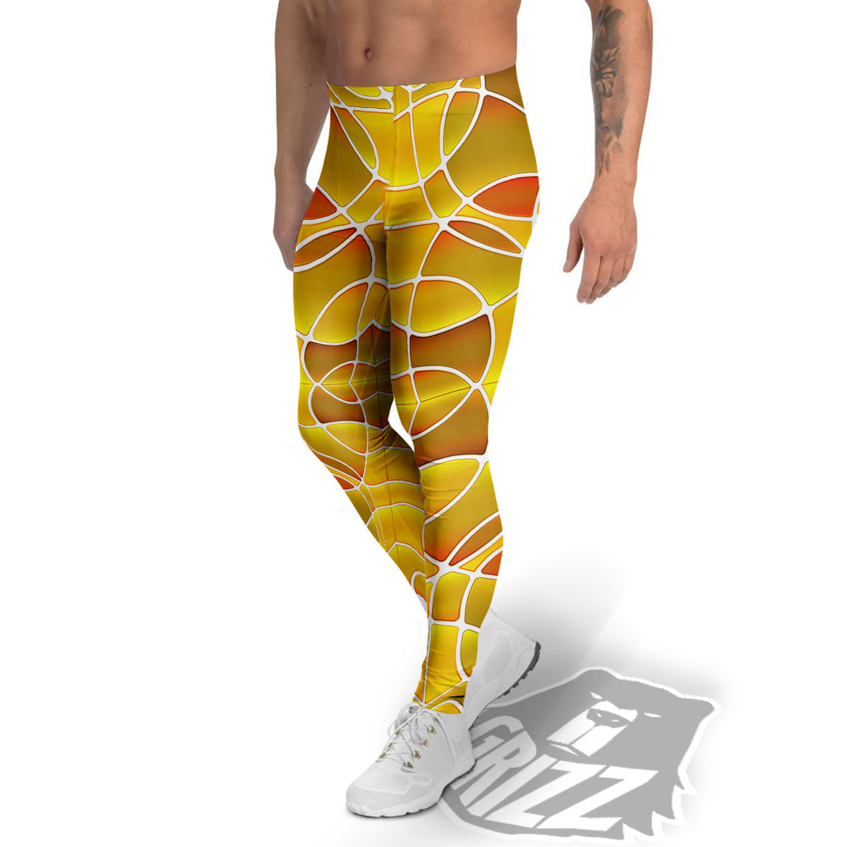 Stained Glass Mosaic Yellow Print Pattern Men's Leggings-grizzshop