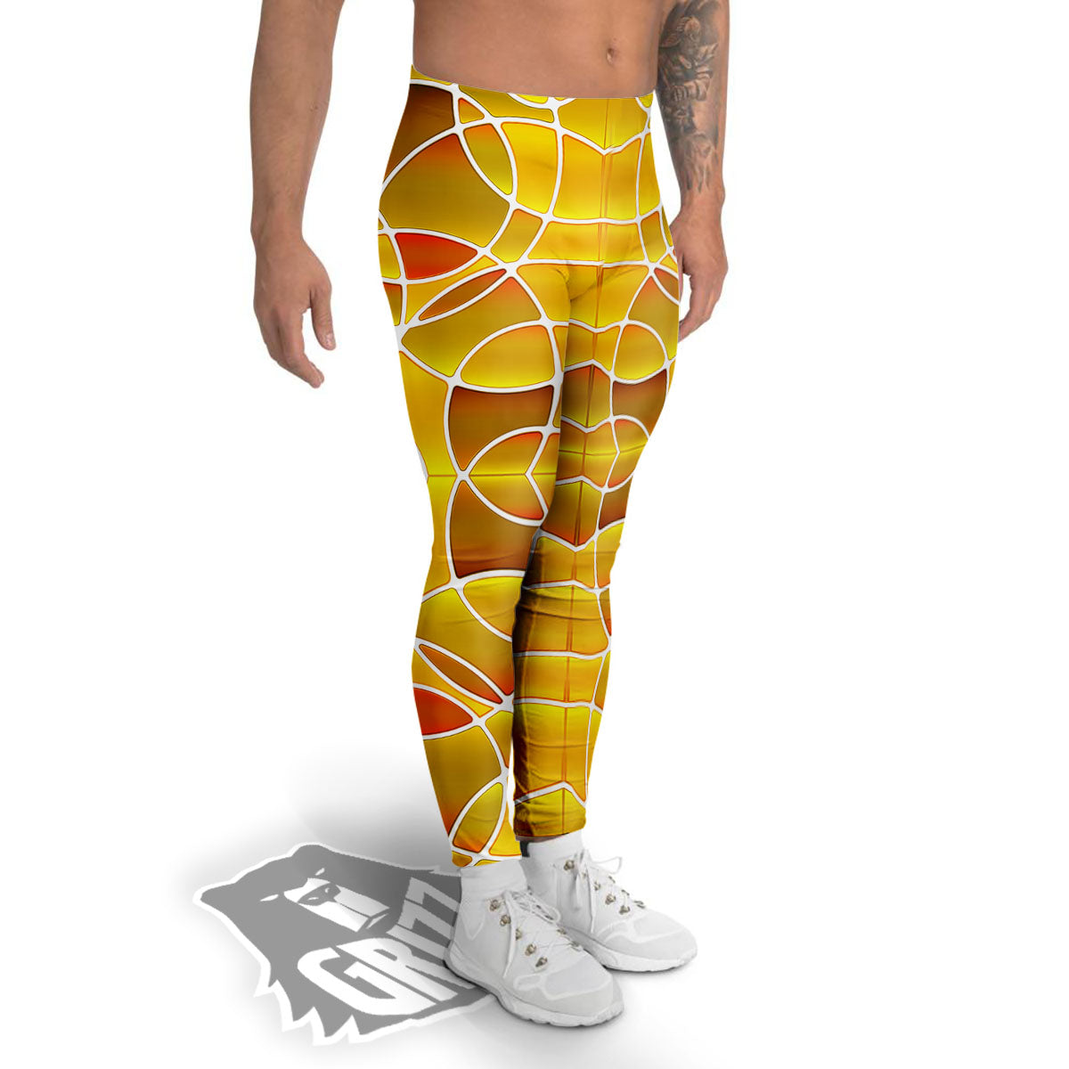 Stained Glass Mosaic Yellow Print Pattern Men's Leggings-grizzshop