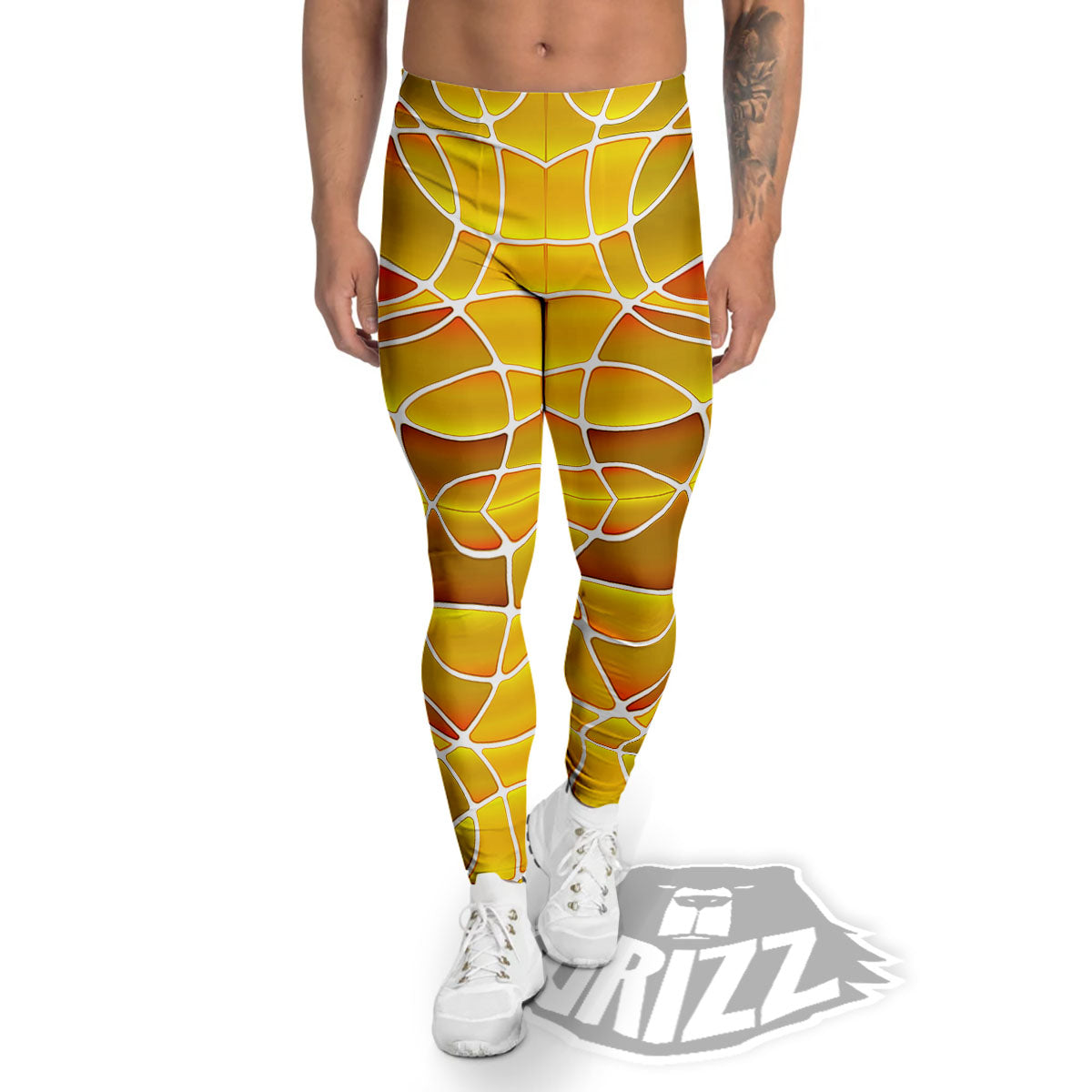 Stained Glass Mosaic Yellow Print Pattern Men's Leggings-grizzshop