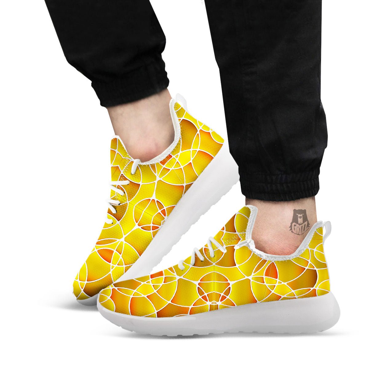 Stained Glass Mosaic Yellow Print Pattern White Athletic Shoes-grizzshop