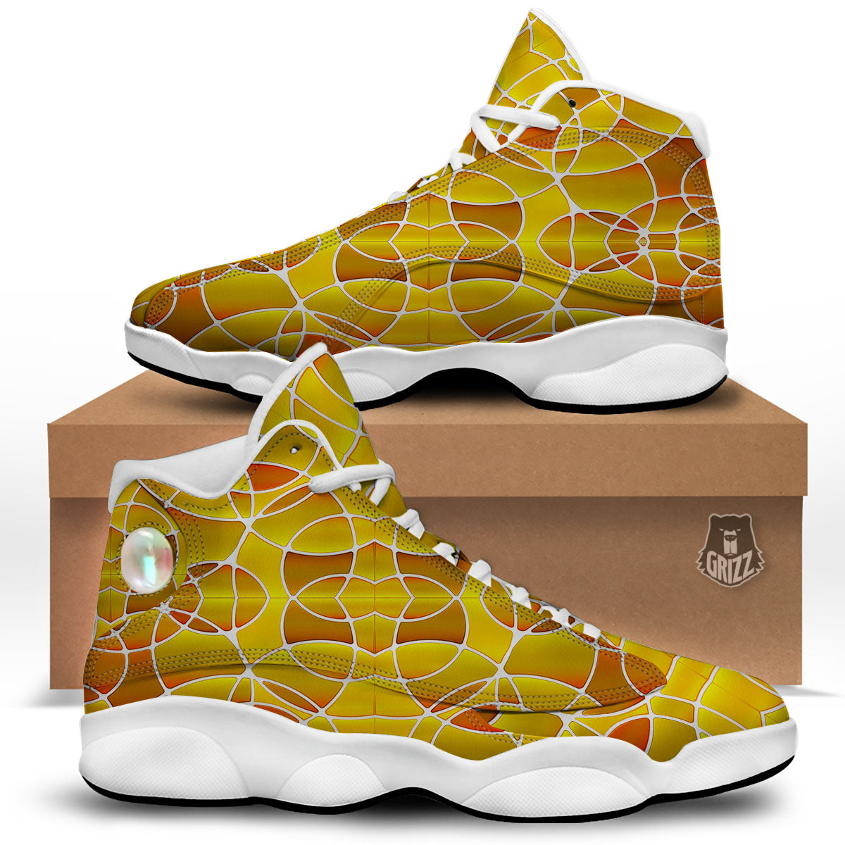 Stained Glass Mosaic Yellow Print Pattern White Basketball Shoes-grizzshop