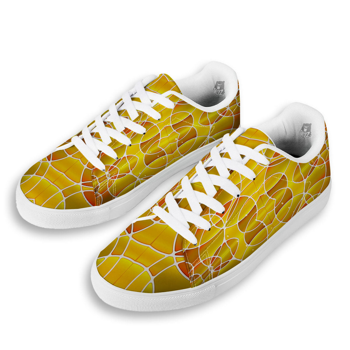 Stained Glass Mosaic Yellow Print Pattern White Low Top Sneakers-grizzshop