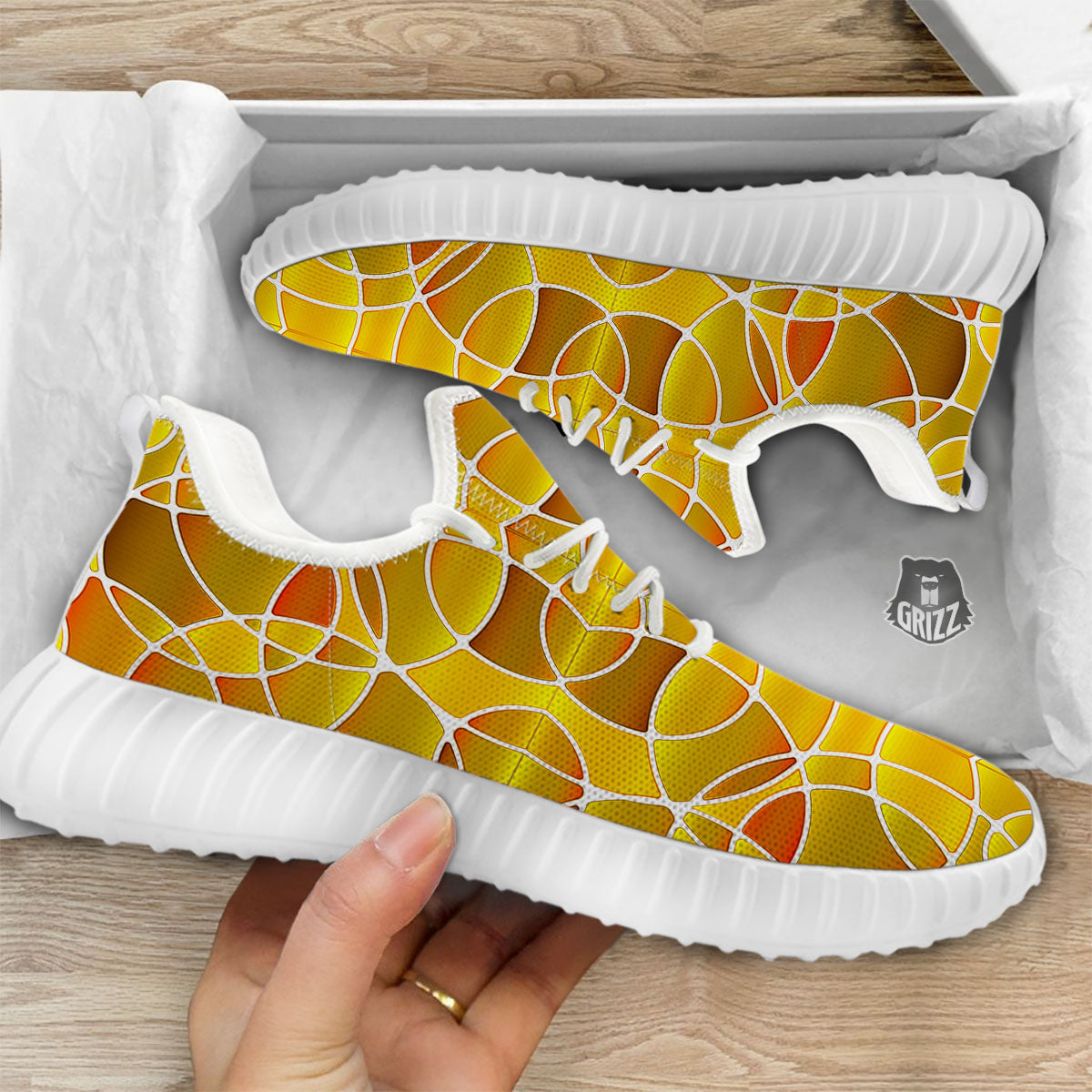 Stained Glass Mosaic Yellow Print Pattern White Walking Shoes-grizzshop