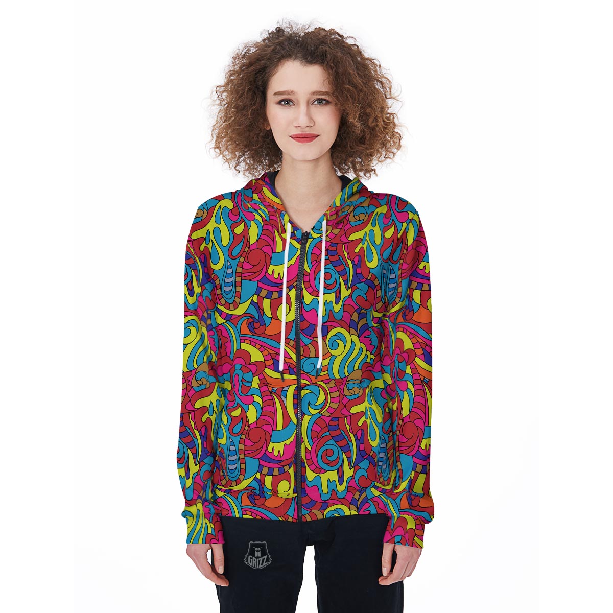 Stained Glass Psychedelic Trippy Women's Zip Up Hoodie-grizzshop