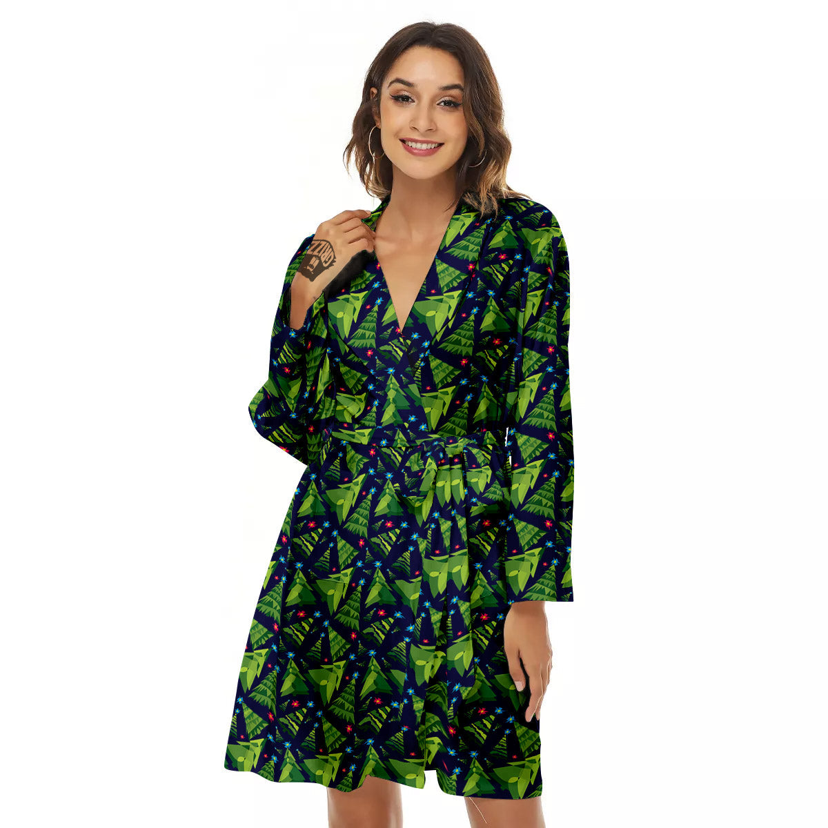 Star And Christmas Tree Print Pattern Women's Robe-grizzshop