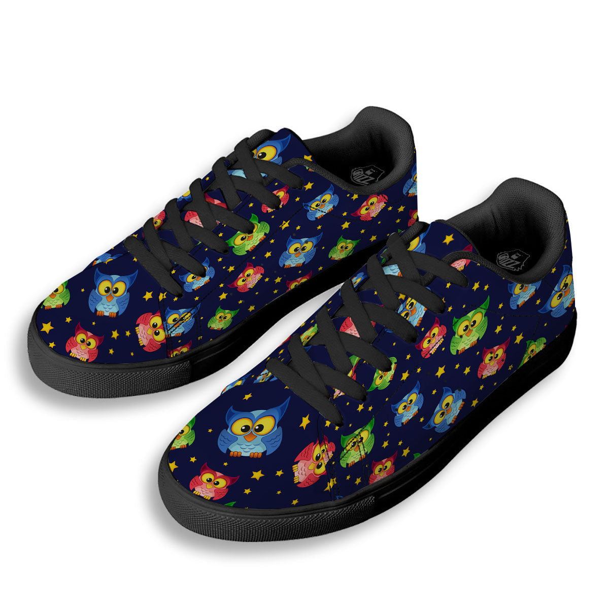 Star And Owl Print Pattern Black Low Top Sneakers-grizzshop