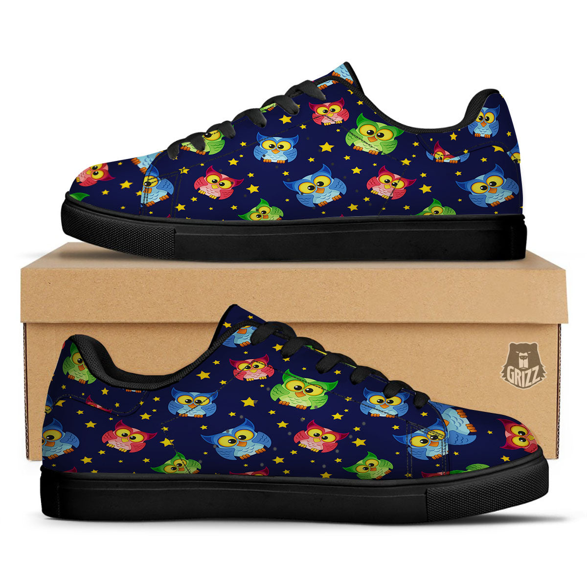 Star And Owl Print Pattern Black Low Top Sneakers-grizzshop