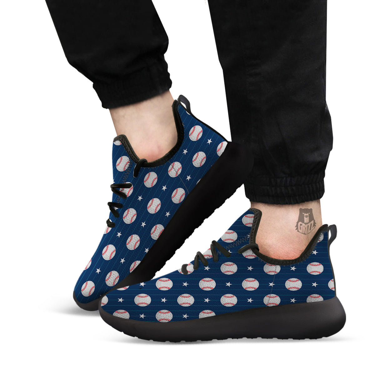 Star Baseballs Print Pattern Black Athletic Shoes-grizzshop