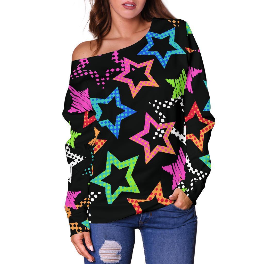 Star Colorful Pattern Print Women Off Shoulder Sweatshirt-grizzshop