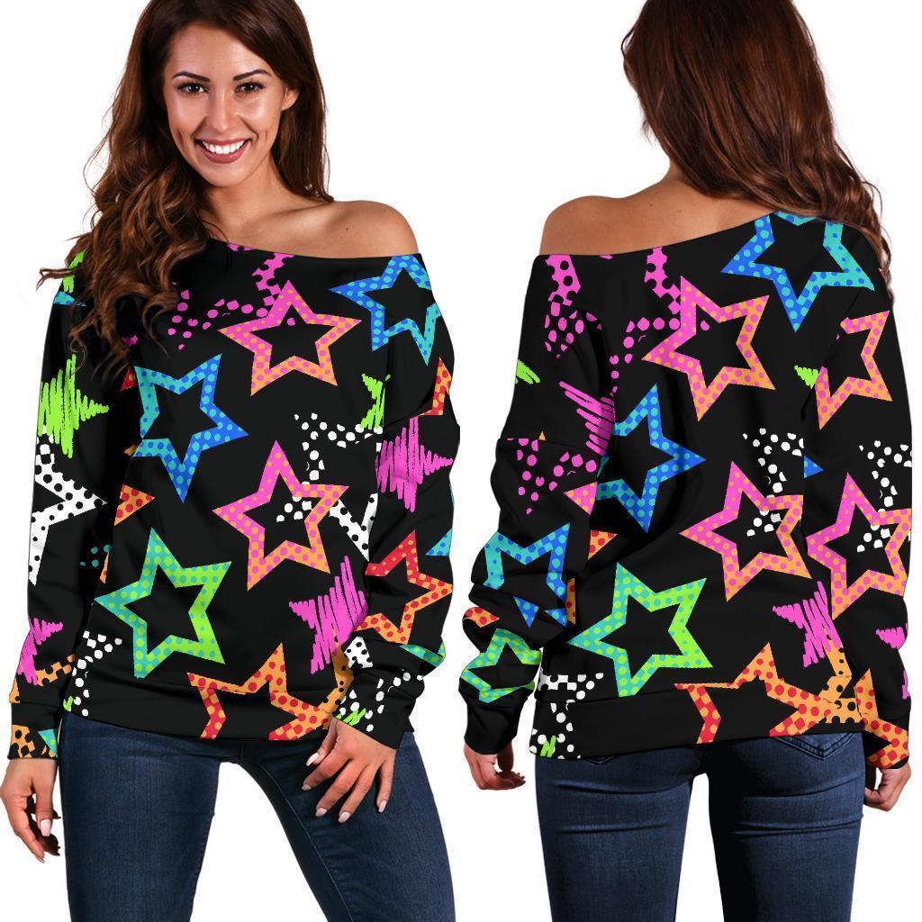Star Colorful Pattern Print Women Off Shoulder Sweatshirt-grizzshop