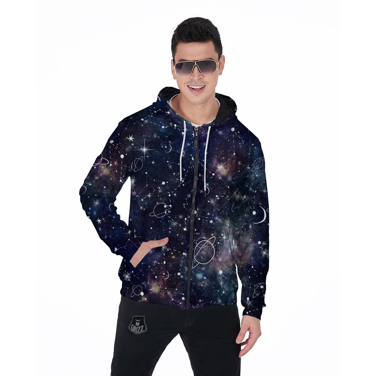 Star Constellation Galaxy Space Men's Zip Up Hoodie-grizzshop