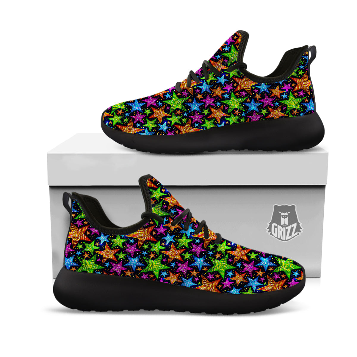 Star Disco Sparkles Print Pattern Black Athletic Shoes-grizzshop