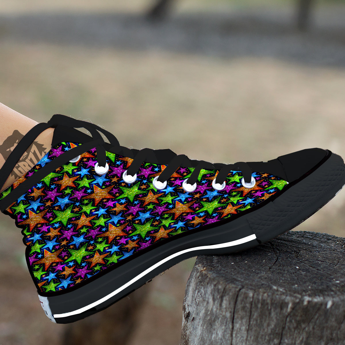 Star Disco Sparkles Print Pattern Black High Top Shoes-grizzshop