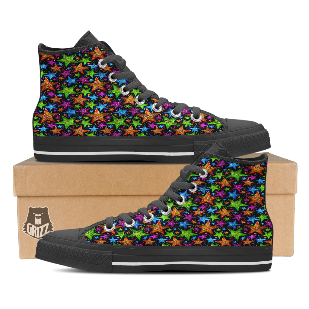 Star Disco Sparkles Print Pattern Black High Top Shoes-grizzshop