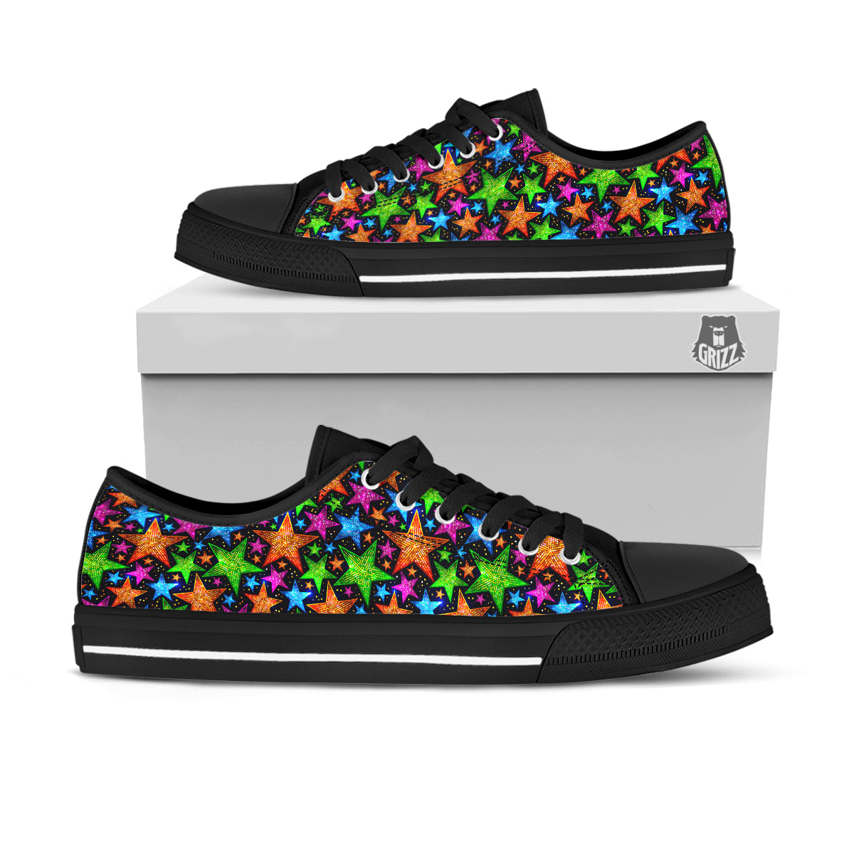 Star Disco Sparkles Print Pattern Black Low Top Shoes-grizzshop