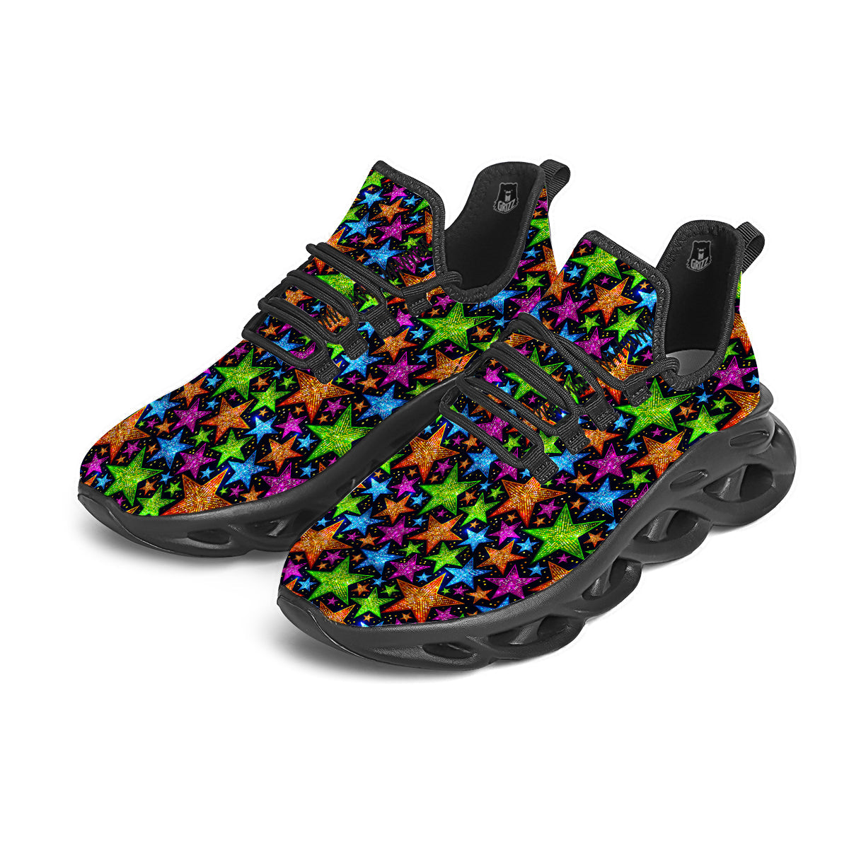 Star Disco Sparkles Print Pattern Black Running Shoes-grizzshop