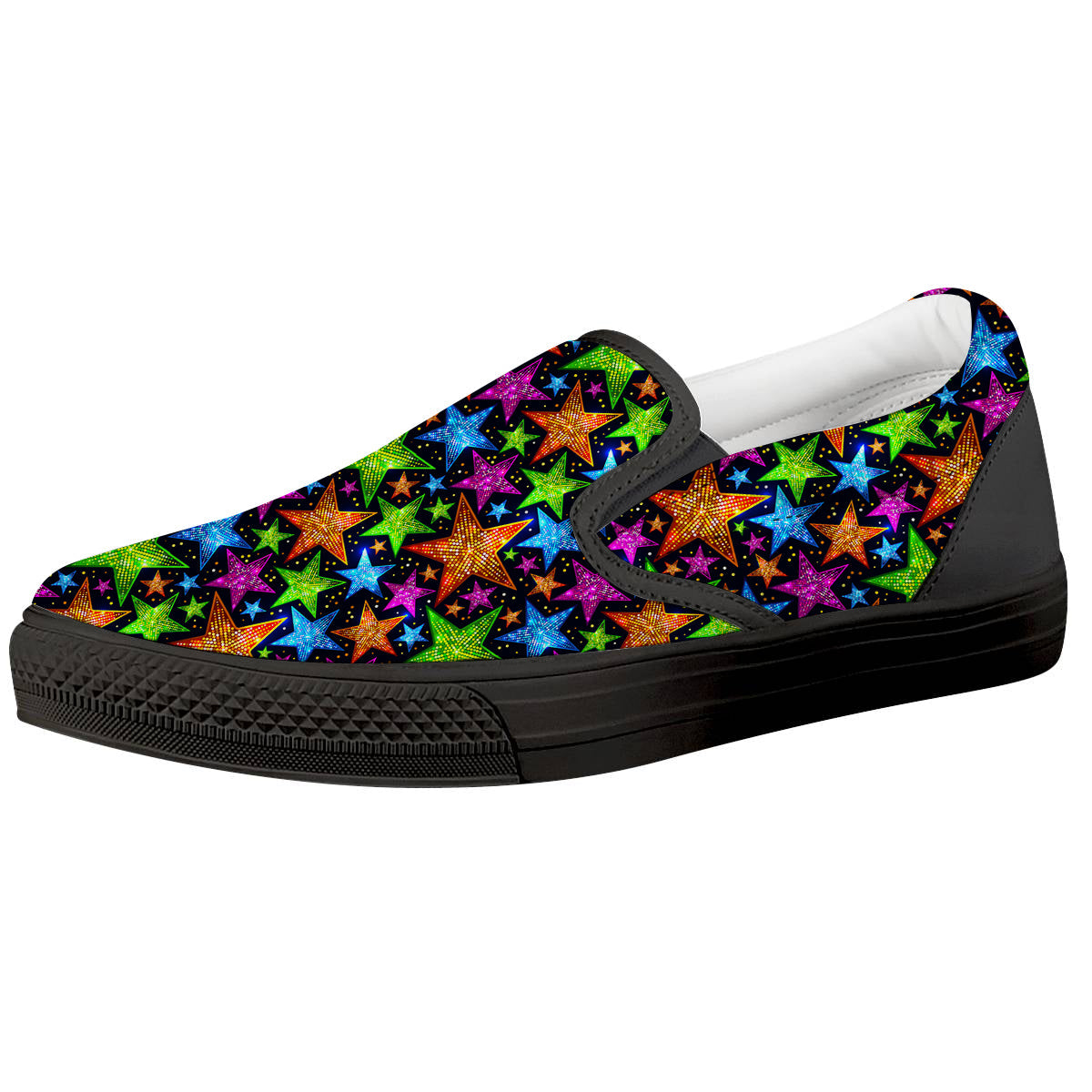 Star Disco Sparkles Print Pattern Black Slip On Shoes-grizzshop
