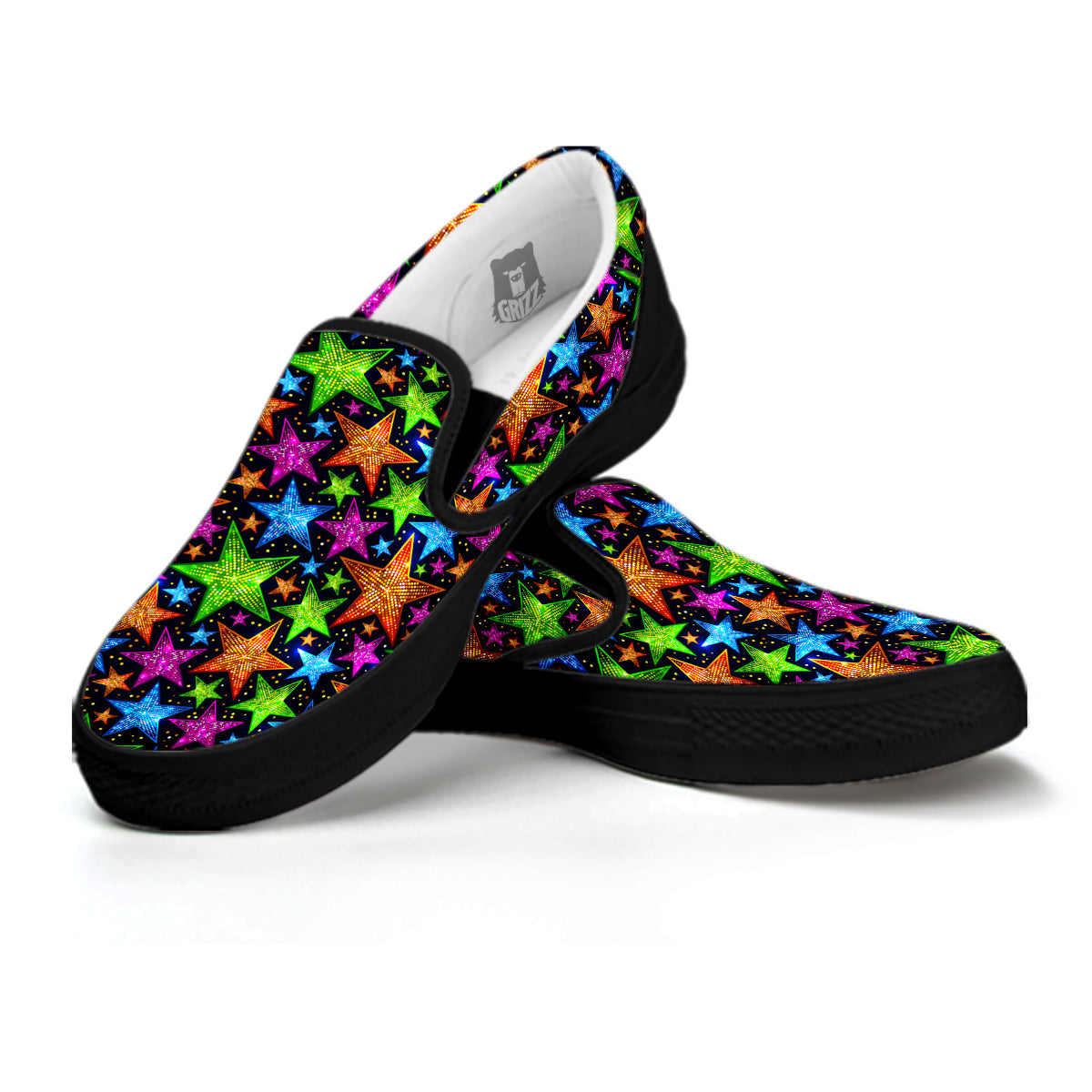 Star Disco Sparkles Print Pattern Black Slip On Shoes-grizzshop