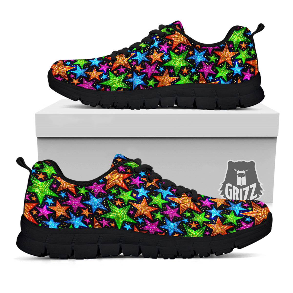 Star Disco Sparkles Print Pattern Black Sneaker-grizzshop