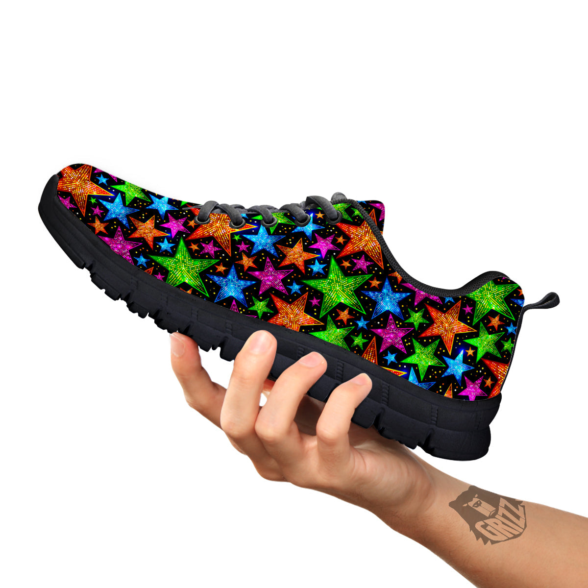 Star Disco Sparkles Print Pattern Black Sneaker-grizzshop
