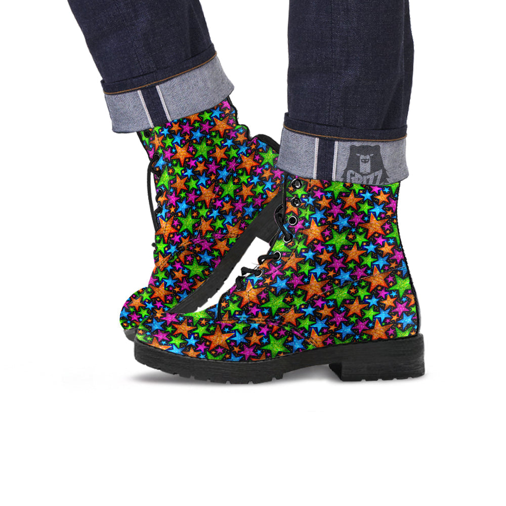 Star Disco Sparkles Print Pattern Leather Boots-grizzshop