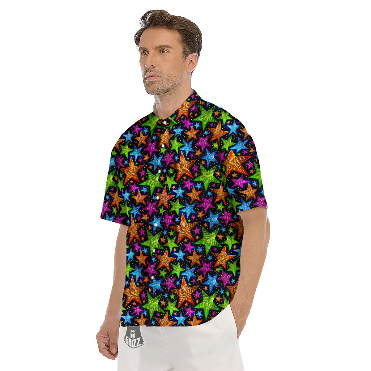 Star Disco Sparkles Print Pattern Men's Short Sleeve Shirts-grizzshop
