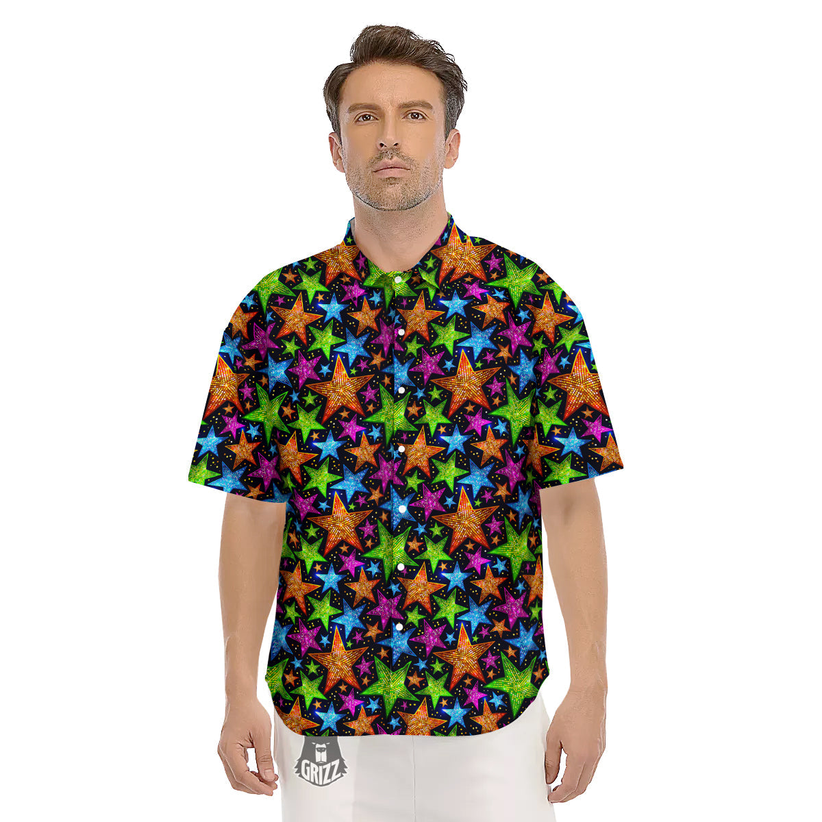 Star Disco Sparkles Print Pattern Men's Short Sleeve Shirts-grizzshop