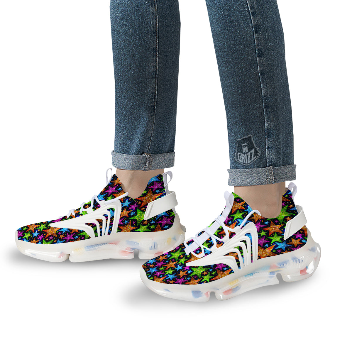 Star Disco Sparkles Print Pattern White Gym Shoes-grizzshop