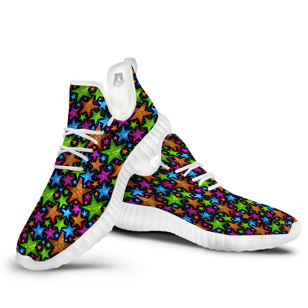 Star Disco Sparkles Print Pattern White Walking Shoes-grizzshop