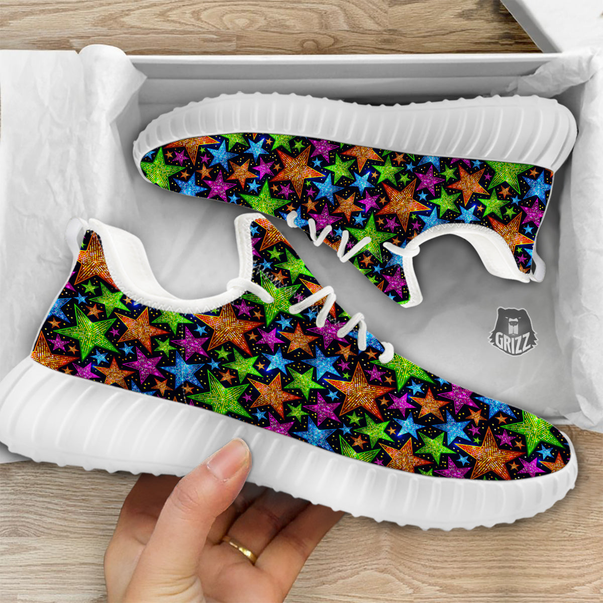 Star Disco Sparkles Print Pattern White Walking Shoes-grizzshop