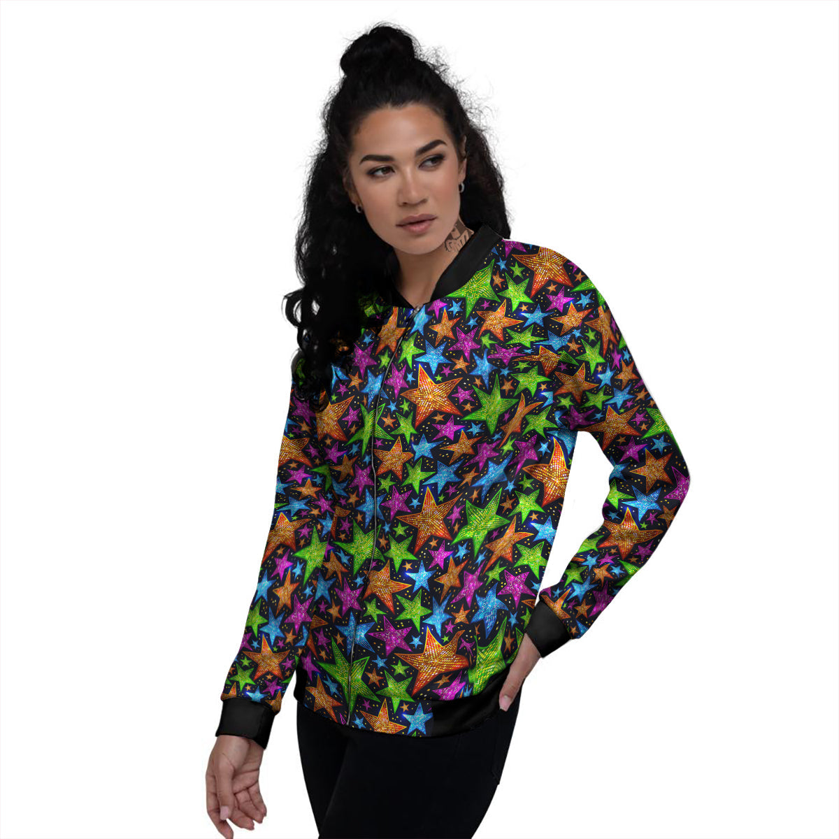Star Disco Sparkles Print Pattern Women's Bomber Jacket-grizzshop