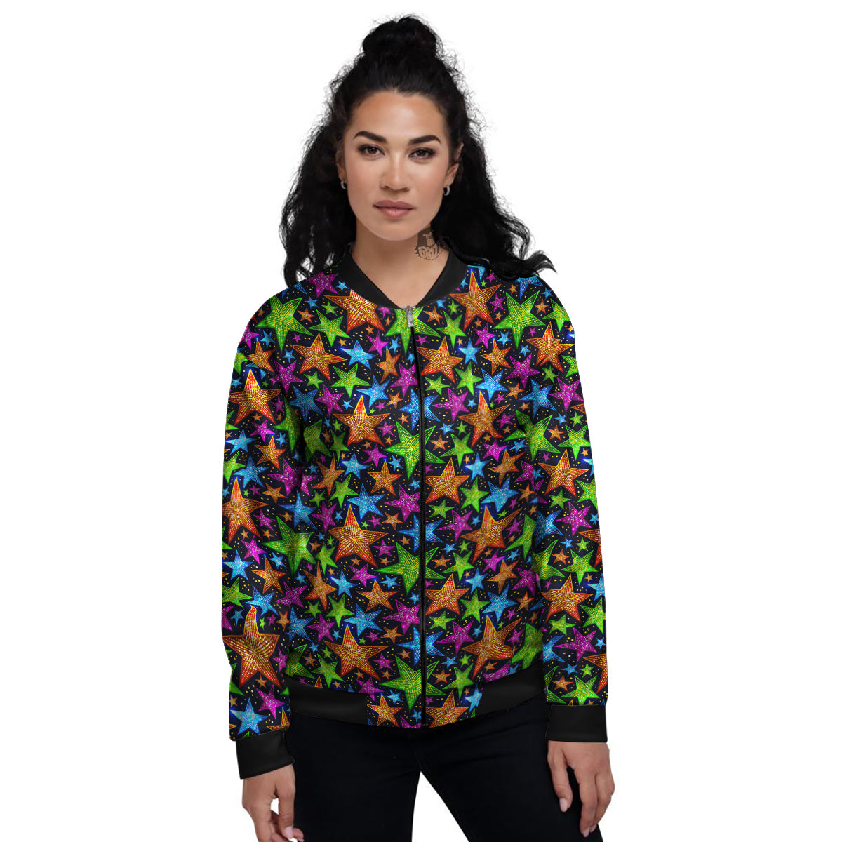 Star Disco Sparkles Print Pattern Women's Bomber Jacket-grizzshop