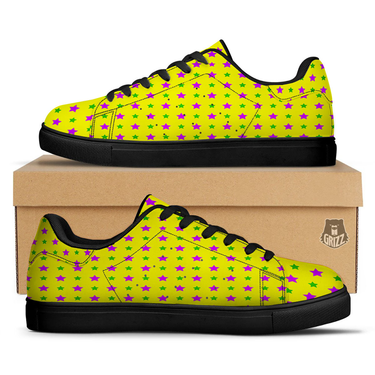 Star Mardi Gras Print Pattern Black Low Top Sneakers-grizzshop