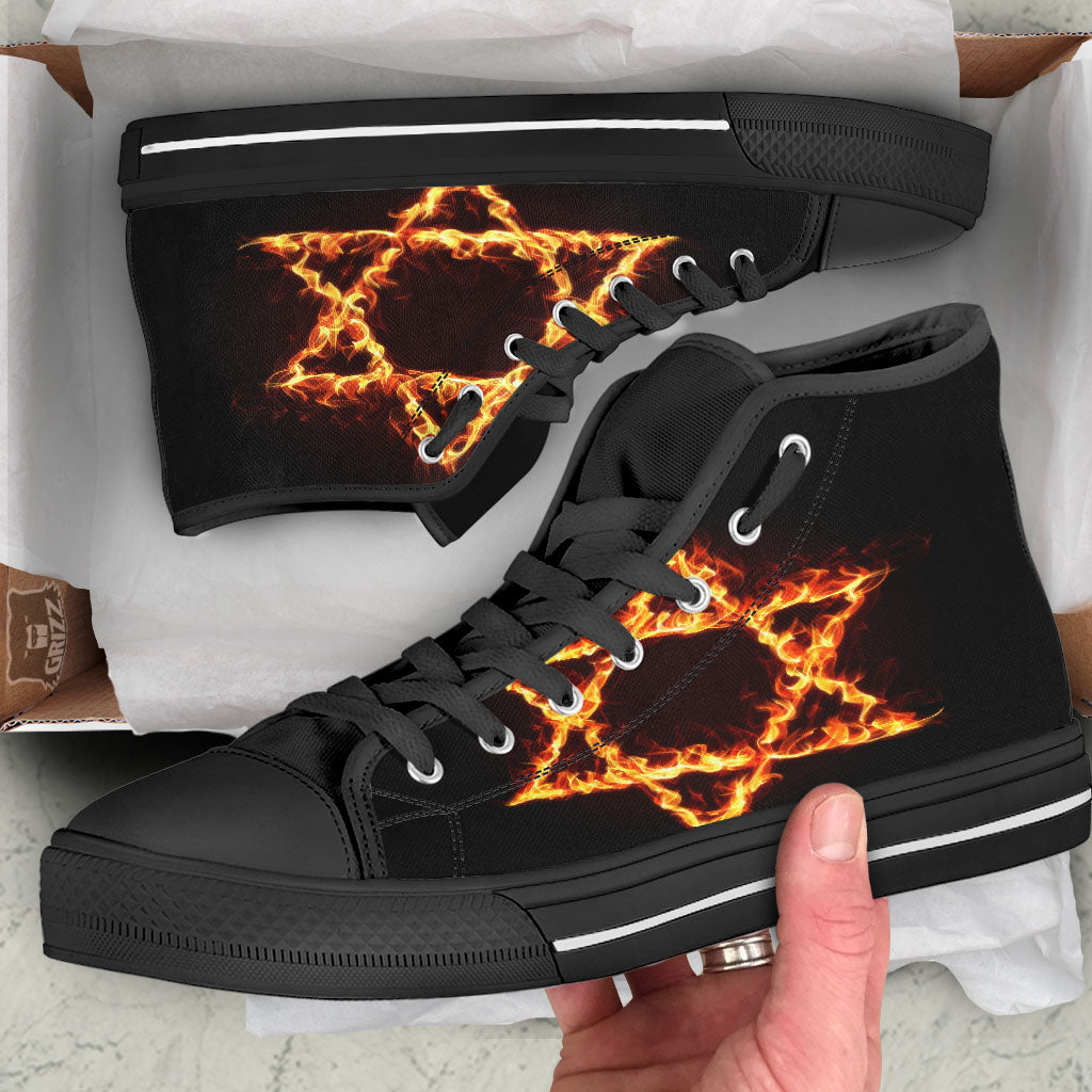 Star Of David Fiery Print Black High Top Shoes-grizzshop