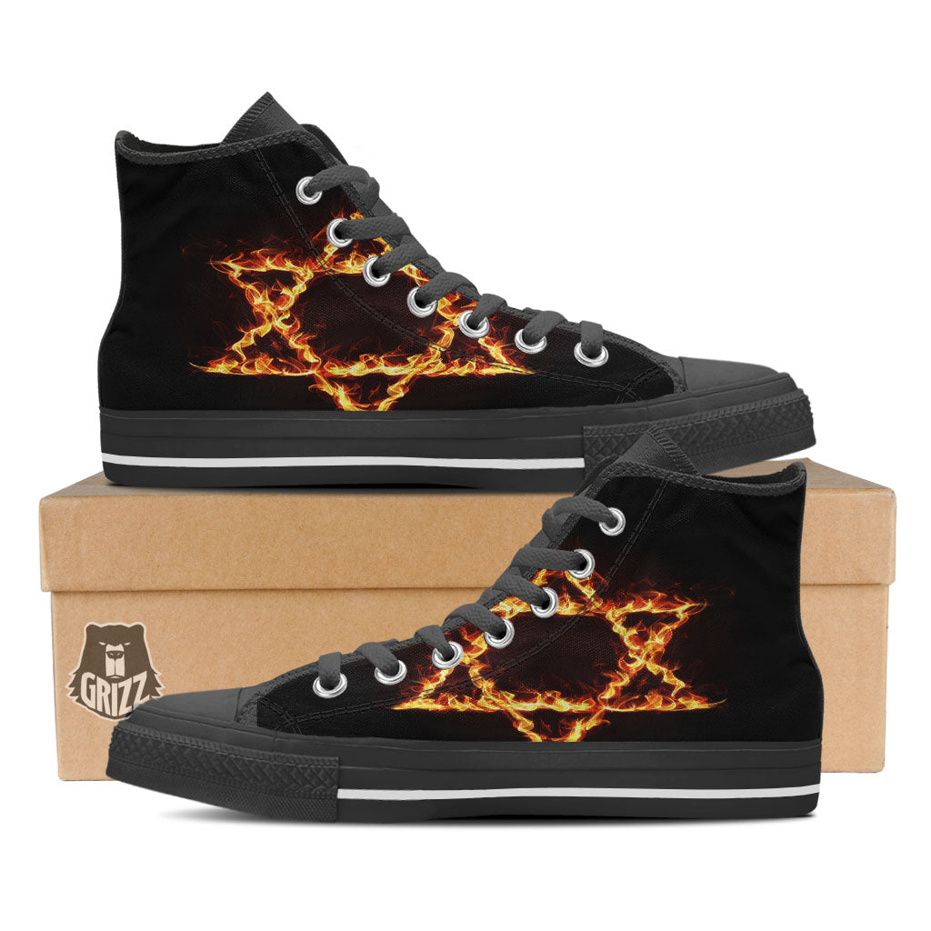 Star Of David Fiery Print Black High Top Shoes-grizzshop