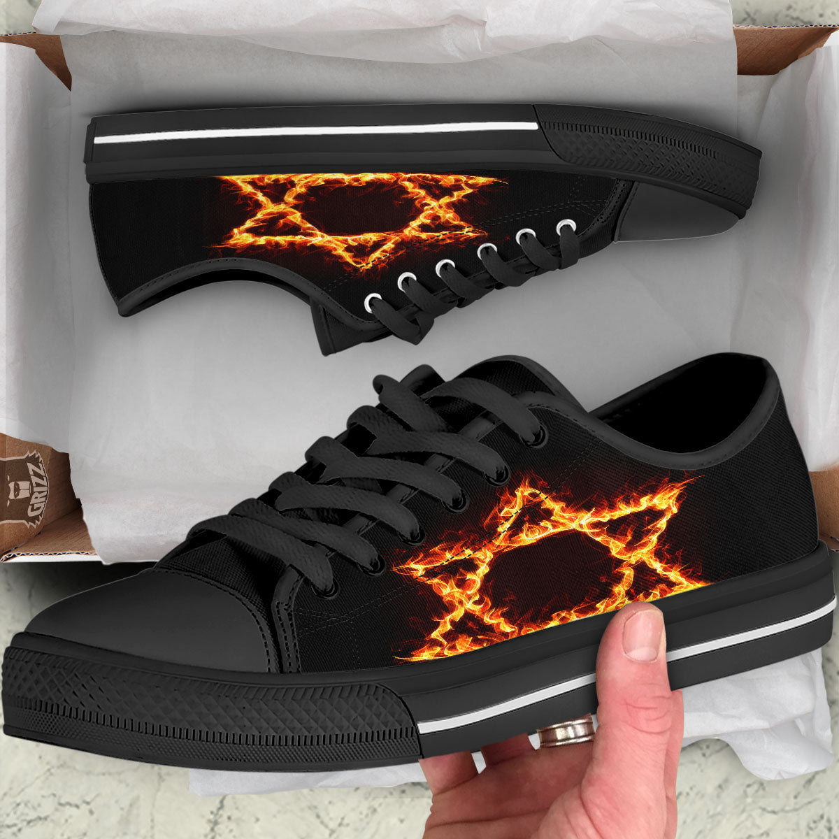 Star Of David Fiery Print Black Low Top Shoes-grizzshop
