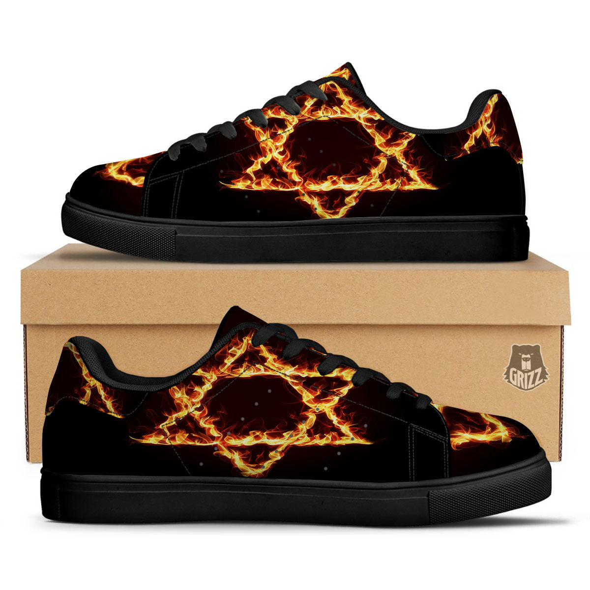 Star Of David Fiery Print Black Low Top Sneakers-grizzshop