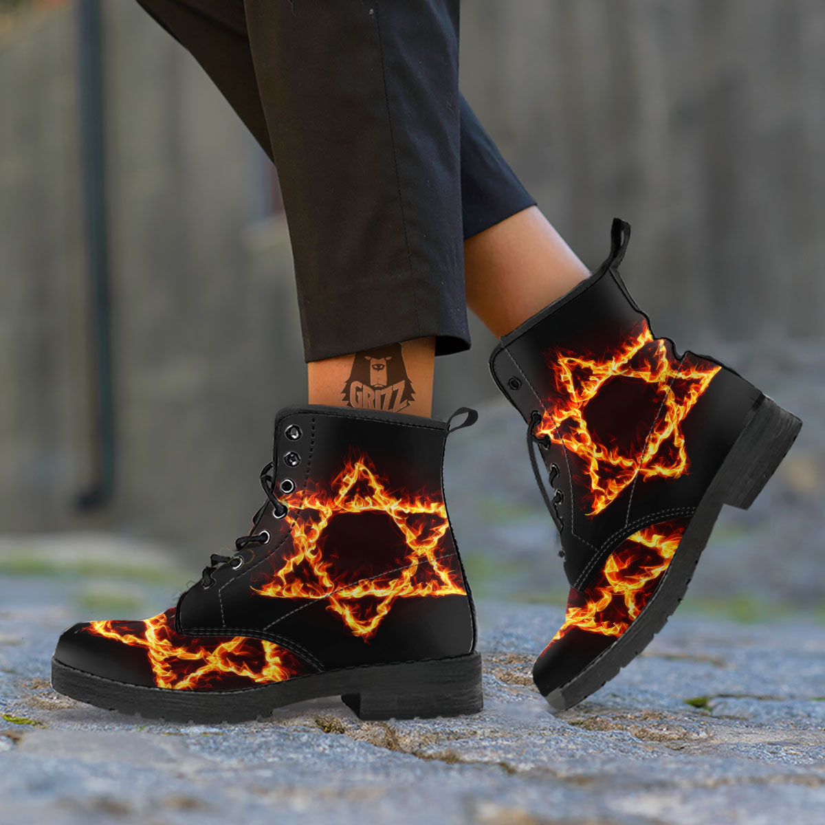 Star Of David Fiery Print Leather Boots-grizzshop