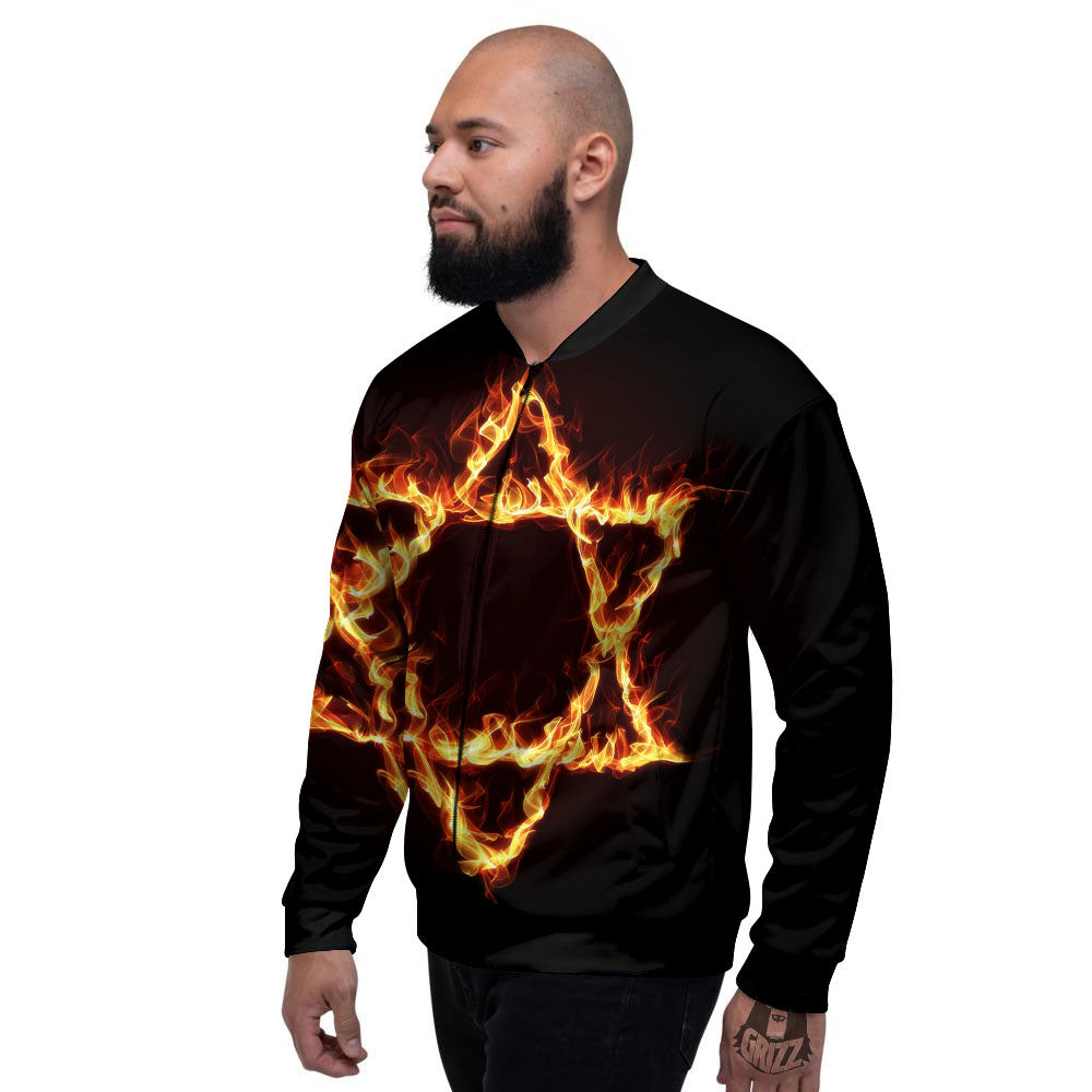 Star Of David Fiery Print Men's Bomber Jacket-grizzshop