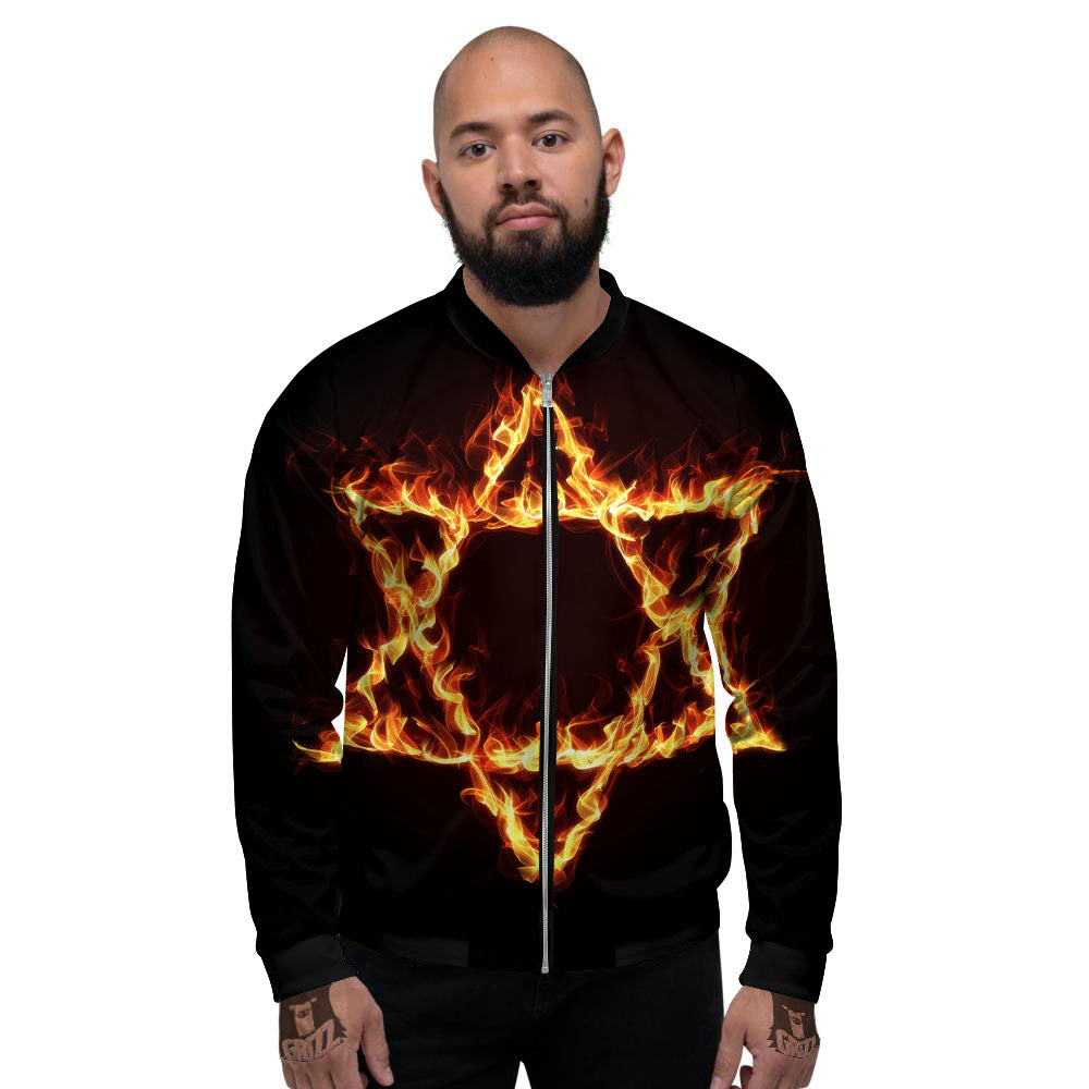 Star Of David Fiery Print Men's Bomber Jacket-grizzshop