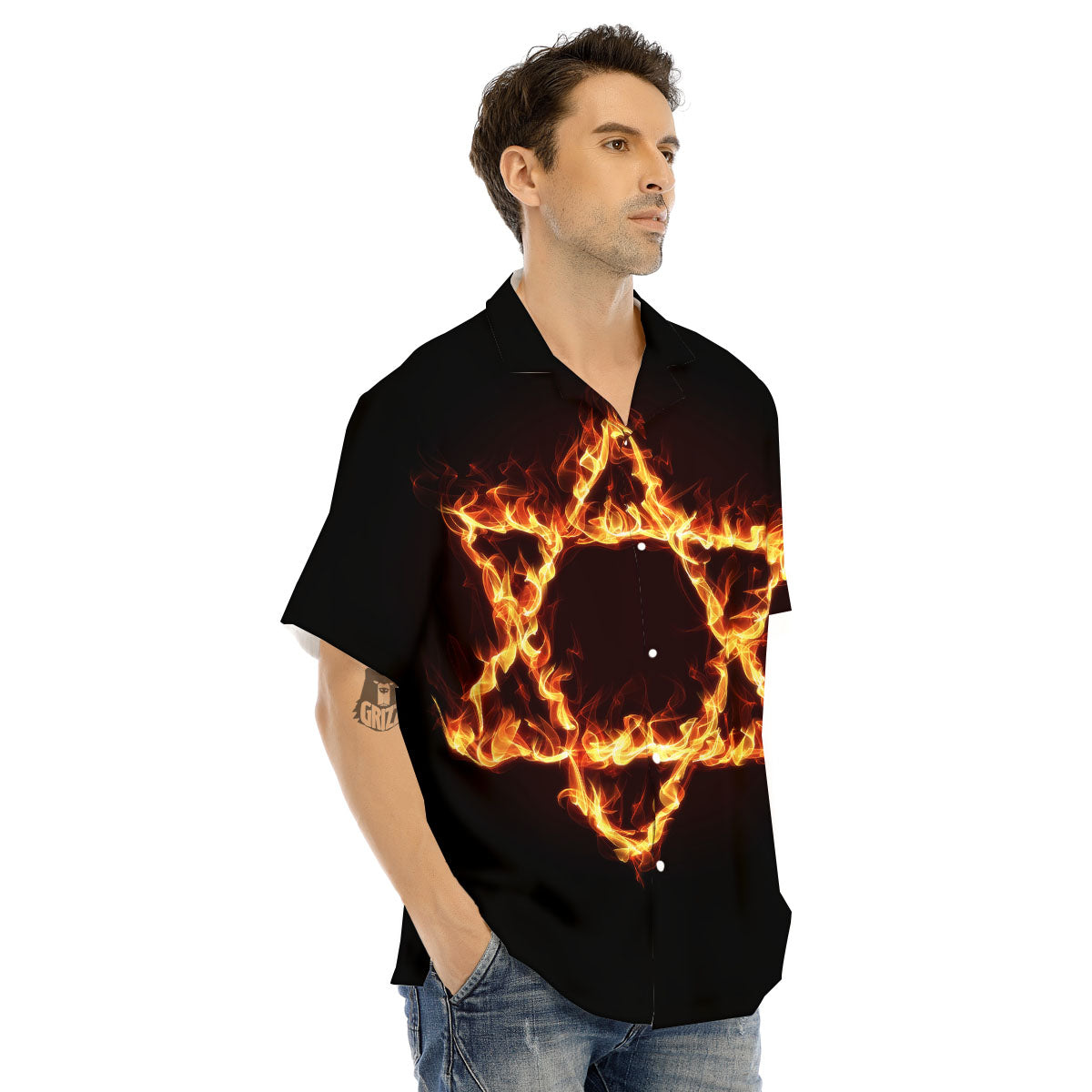 Star Of David Fiery Print Men's Hawaiian Shirt-grizzshop