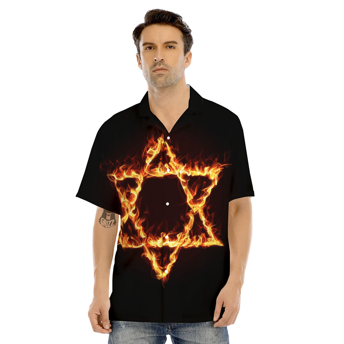 Star Of David Fiery Print Men's Hawaiian Shirt-grizzshop