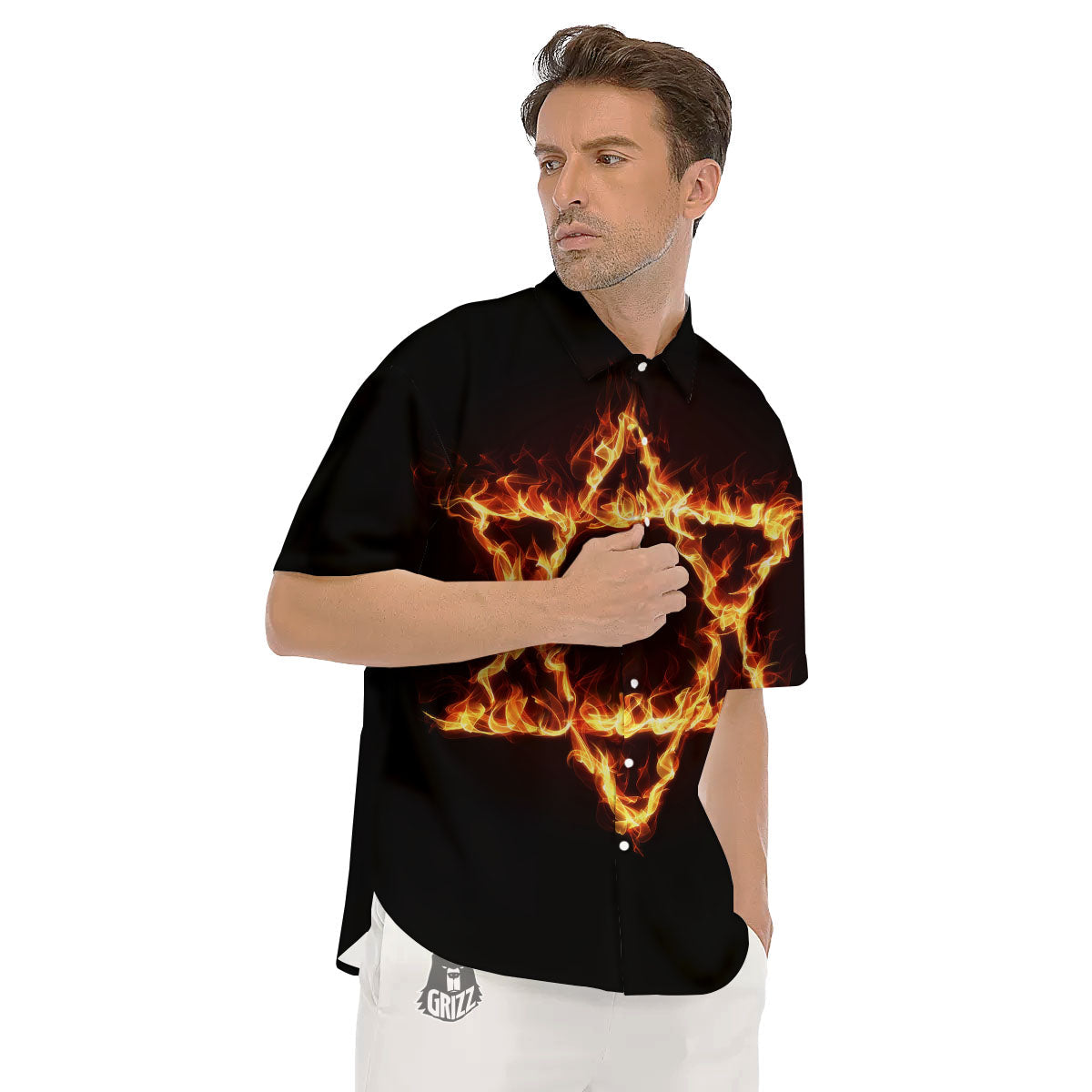 Star Of David Fiery Print Men's Short Sleeve Shirts-grizzshop