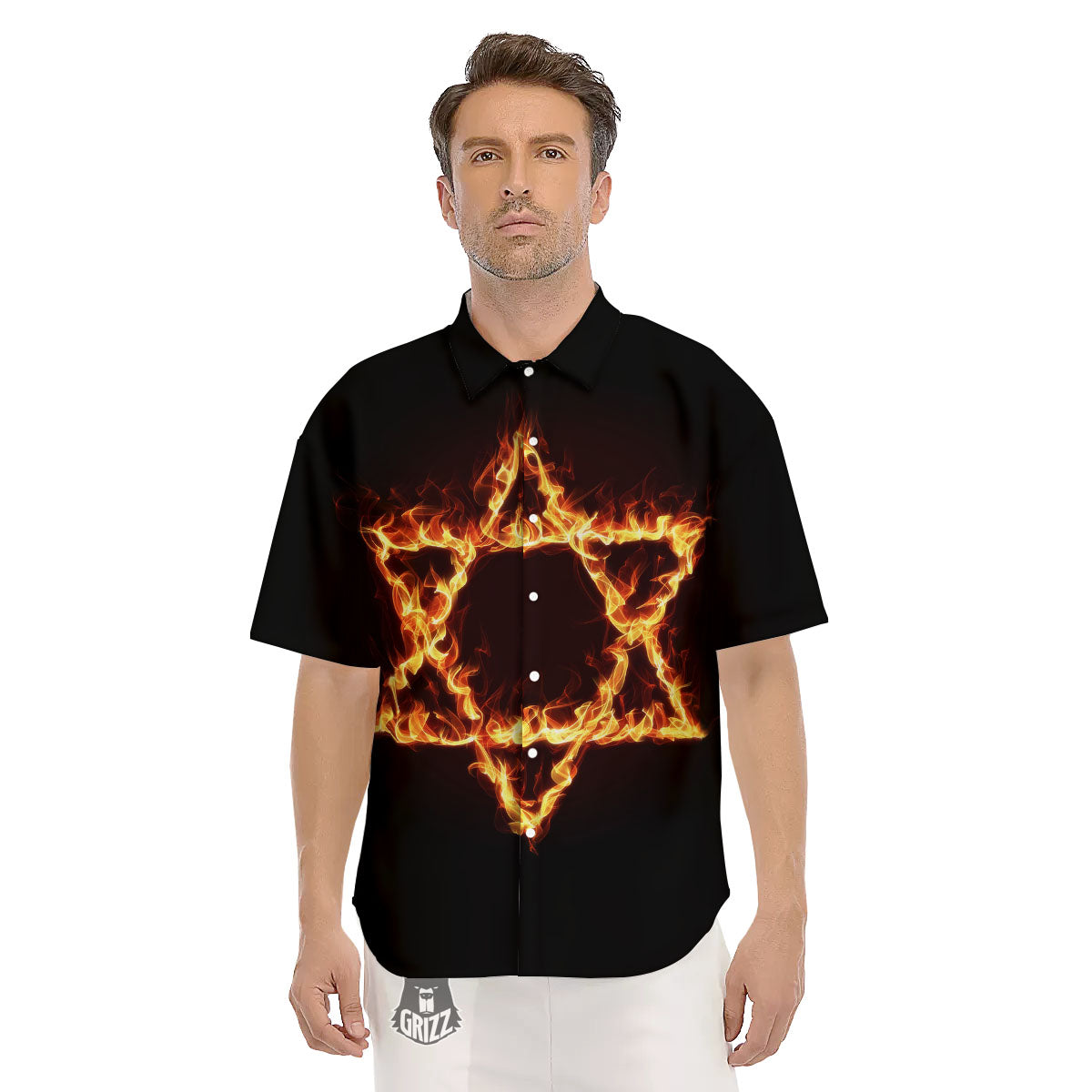 Star Of David Fiery Print Men's Short Sleeve Shirts-grizzshop