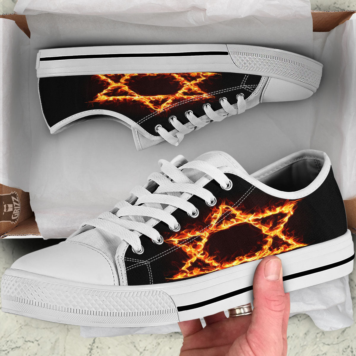 Star Of David Fiery Print White Low Top Shoes-grizzshop