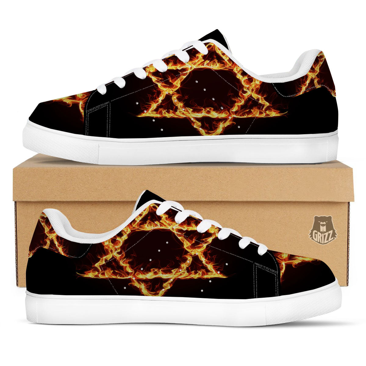 Star Of David Fiery Print White Low Top Sneakers-grizzshop